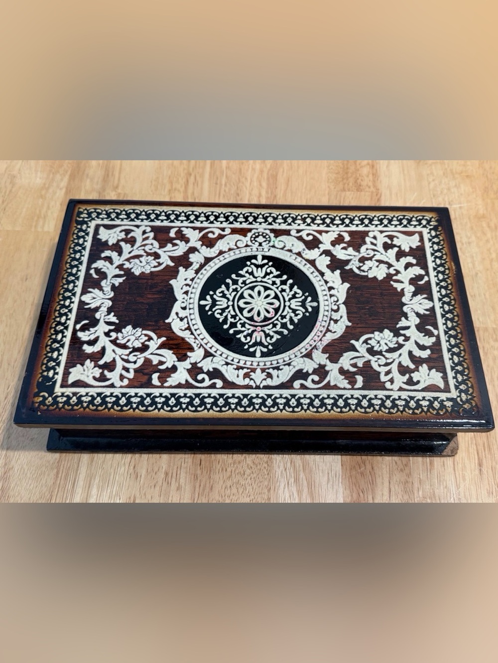 Vintage Wooden Book Box Jewelry Keepsake Storage Filigree Floral Design Brown